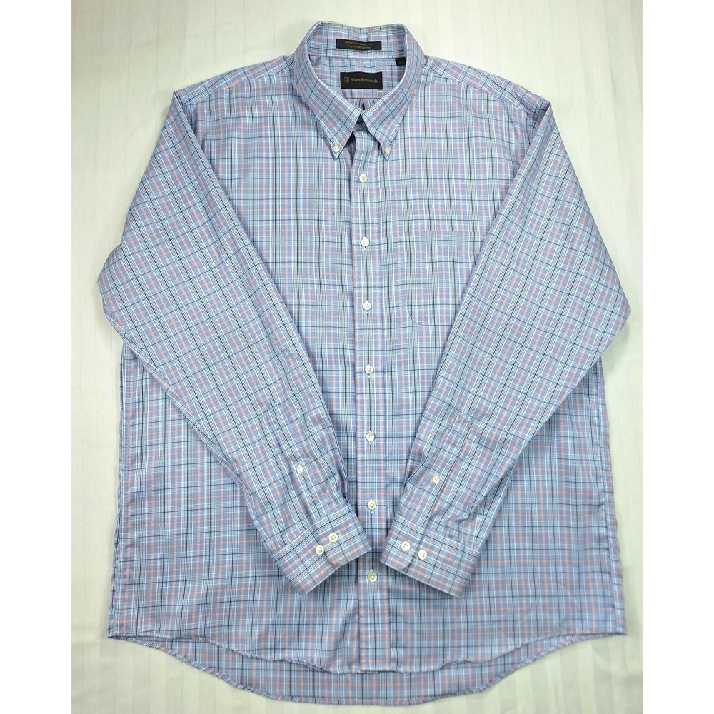 Allen Edmonds Mens XXL Blue Orange Plaid Wrinkle Free Cotton Button Down Shirt